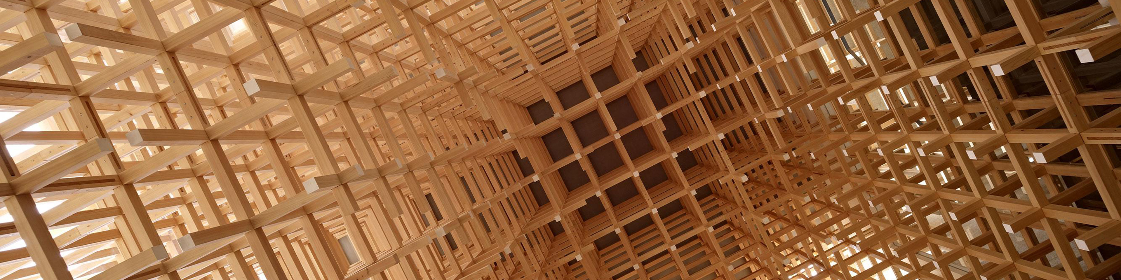 Interlocking wooden lattice of a modern architectural interior